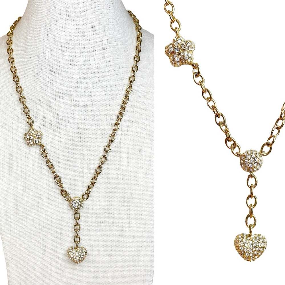 Y2K Vintage Rhinestone Embellished Puffy Heart Y Drop Asymmetrical Necklace